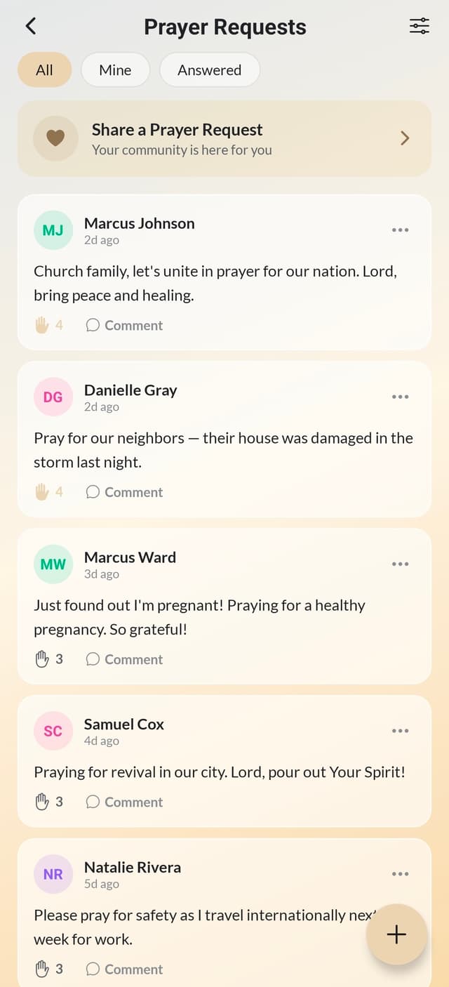 Prayer wall in the Shepard app